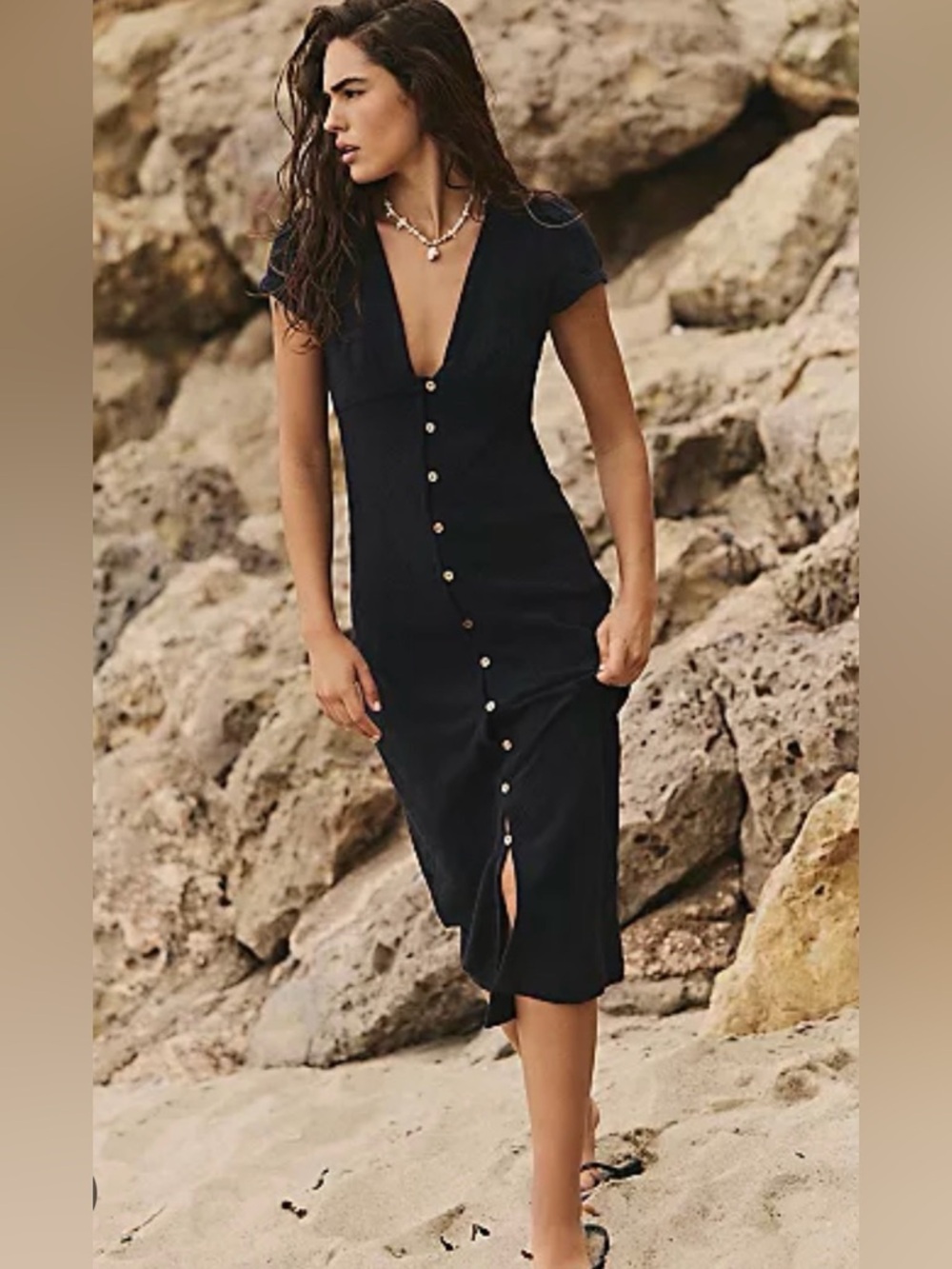 Free People New In Town Midi Dress in Black Button-Front V-Neck Women’s Small